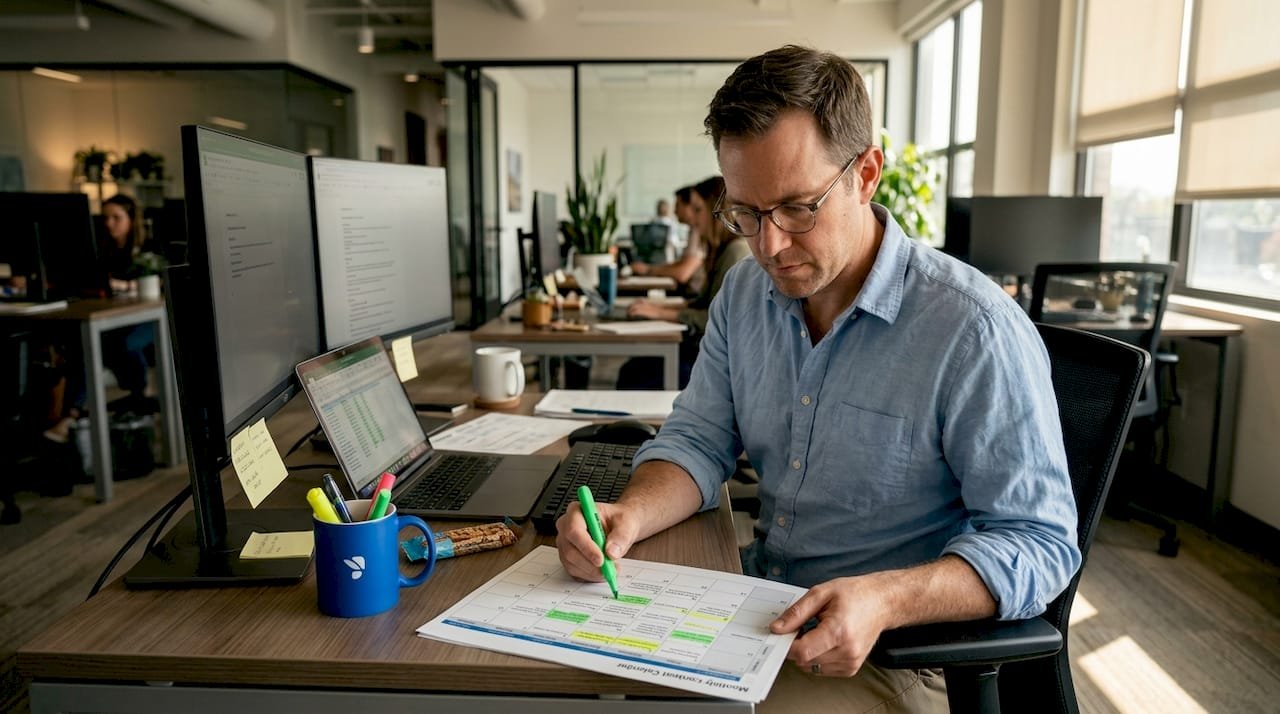 Man reviewing content calendar at business desk