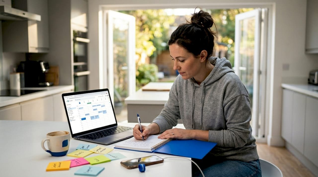 Woman planning social media posts in kitchen