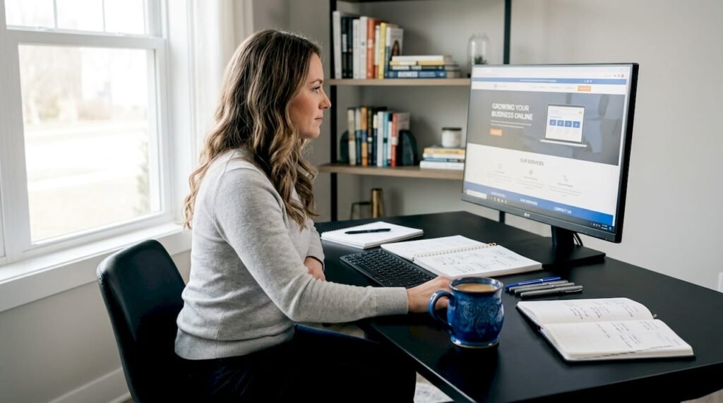 Business owner reviewing SEO website analytics
