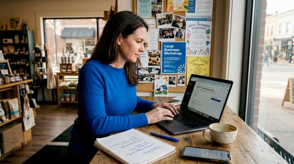 Small business owner working on marketing tasks