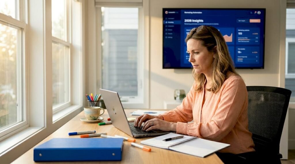 Business owner working on AI-driven marketing workflow