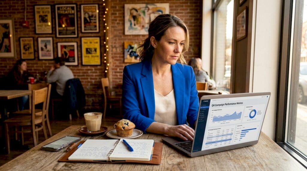 Business owner reviewing marketing campaign at café table