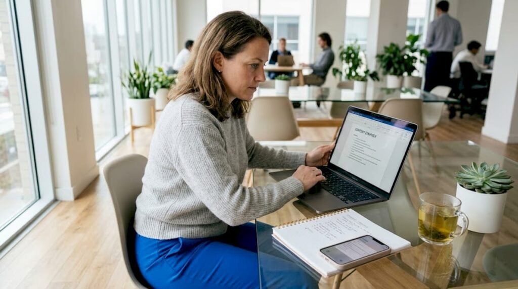 Small business owner planning content strategy
