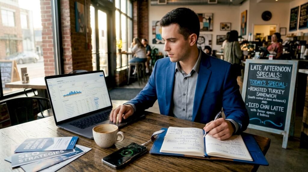 Marketer analyzing backlinks at busy workspace