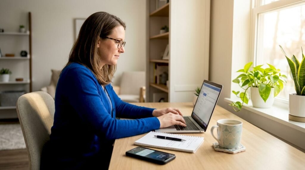 Woman blogging at home office desk