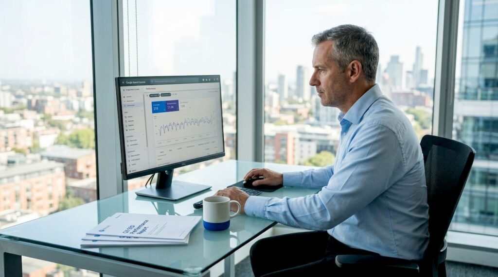 Business owner checks SEO analytics in corner office