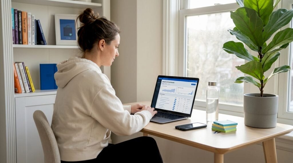 Marketer checking backlinks on laptop in home office