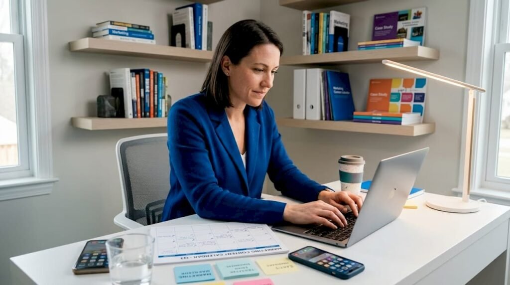 Marketer reviewing content calendar at home desk