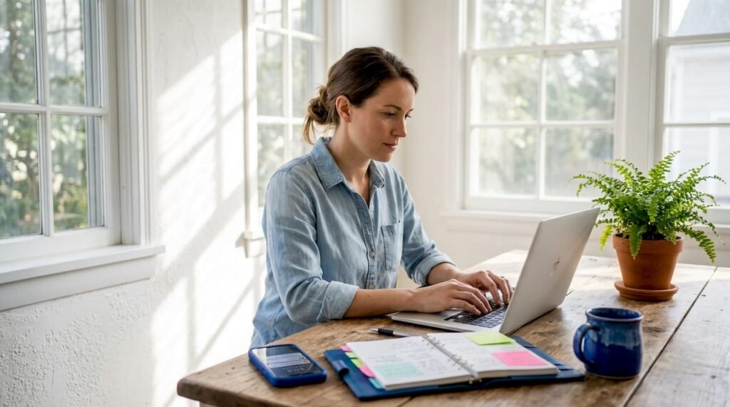Small business owner planning social posts at kitchen table