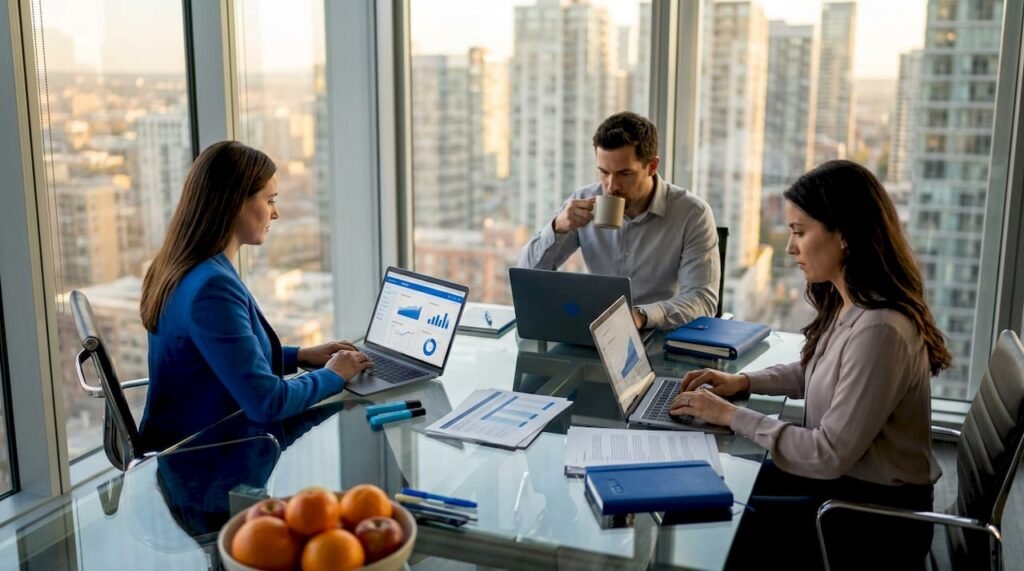 Marketing team collaborating in corner office