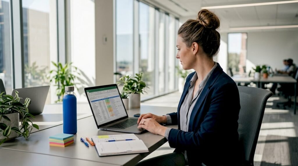 Marketing manager reviewing content schedule at open desk