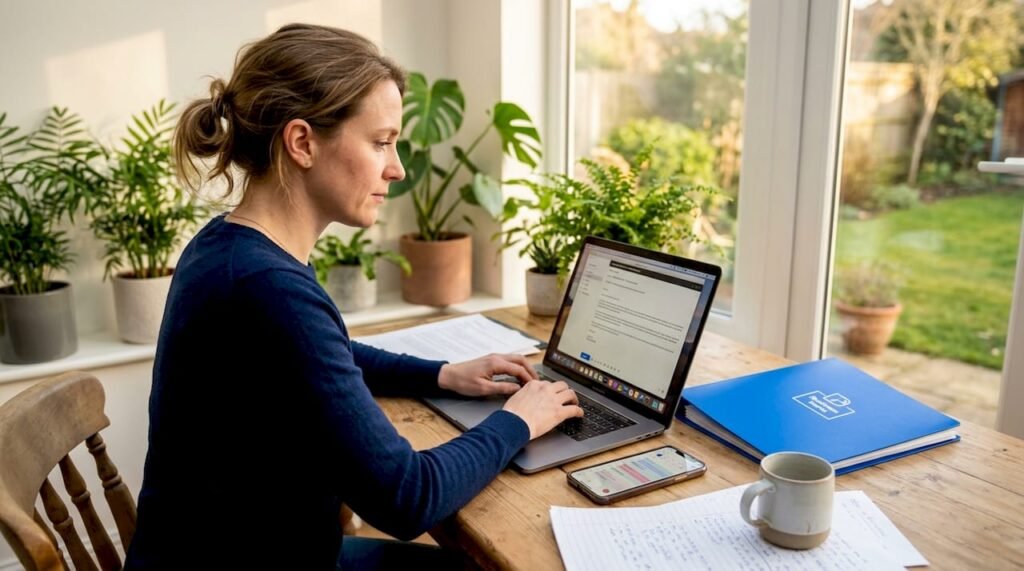 Small business owner crafting PR pitch at desk