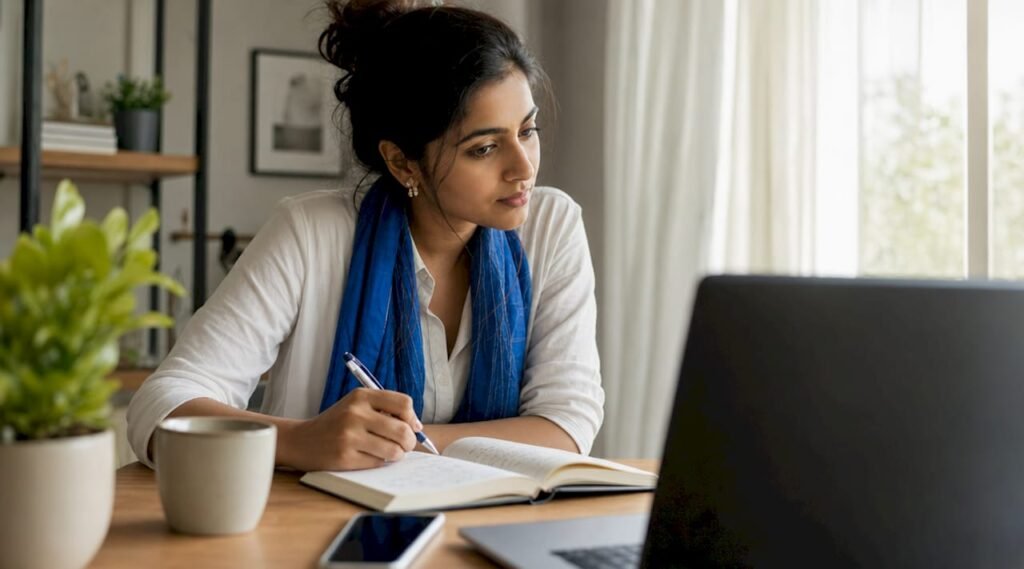 Woman planning online advertising at home