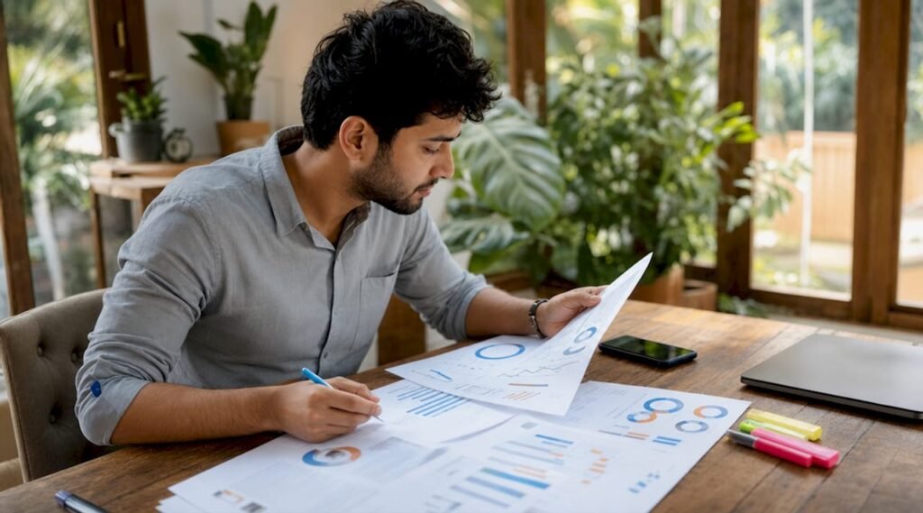 Marketer reviewing backlink data in home office