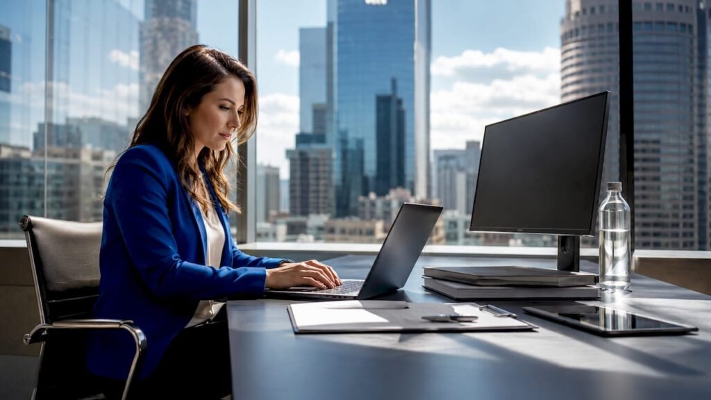 Woman using laptop for AI marketing outreach