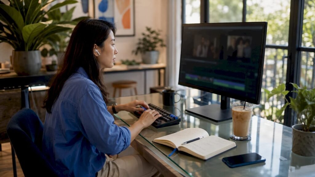 Marketing professional editing video content at home desk