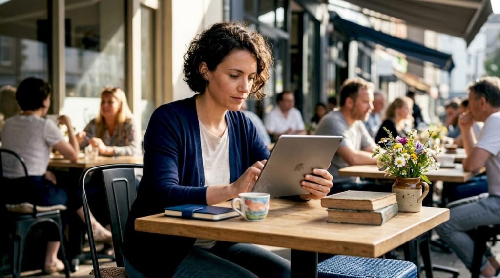 Woman monitoring online brand presence on tablet