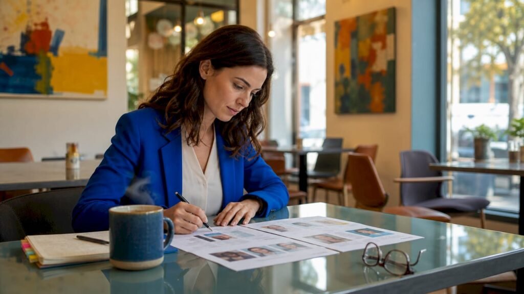 Consultant reviewing client profiles in co-working space