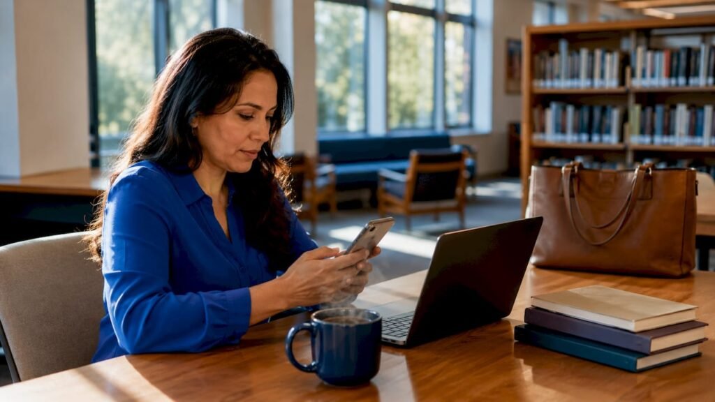 Woman checking social mentions on smartphone in workspace