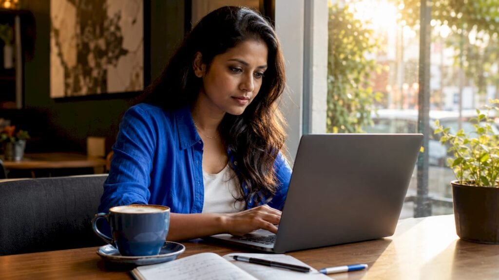 Woman using SEO automation software at desk