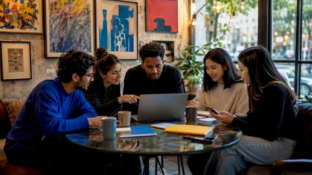 Group collaborating around laptop in coworking space