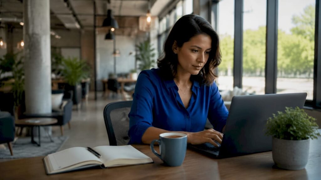 Marketing professional using laptop for automated outreach