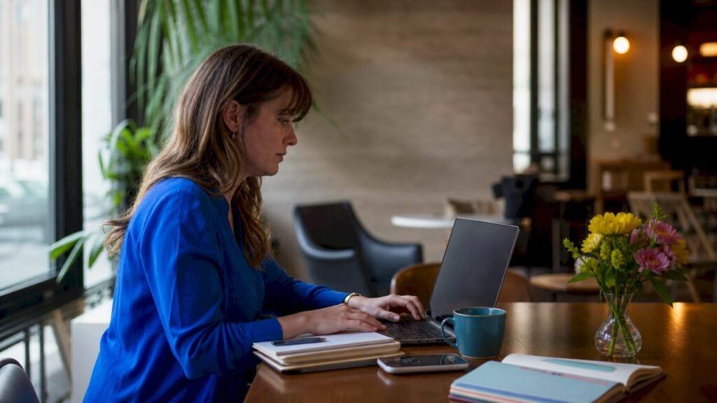 Content marketer creating engaging content at desk
