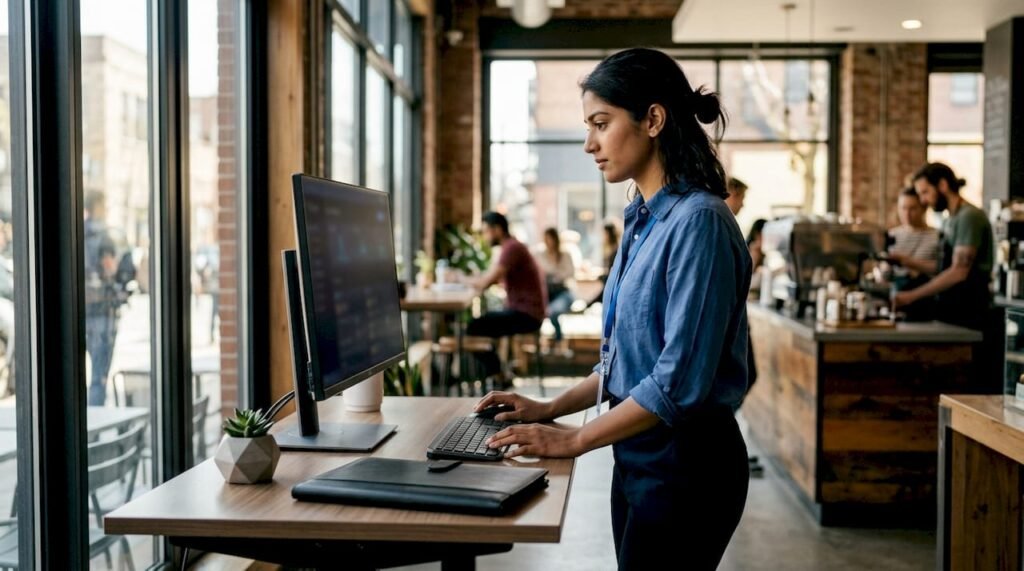 Woman analyzing social listening dashboard at desk