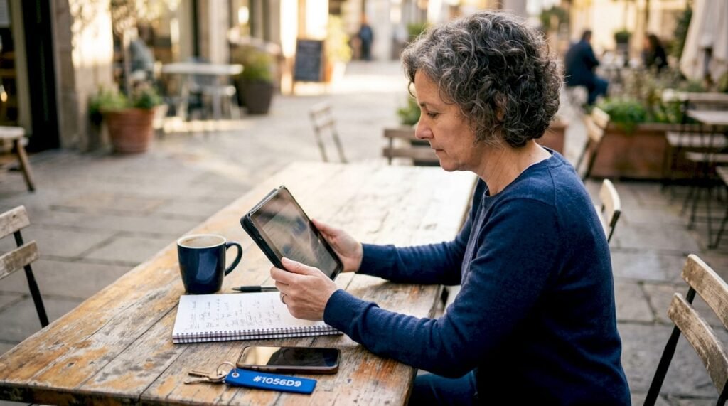 Small business owner reviewing local marketing on tablet