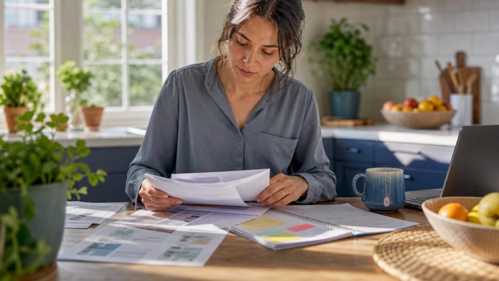Small business owner organizing influencer and SEO documents