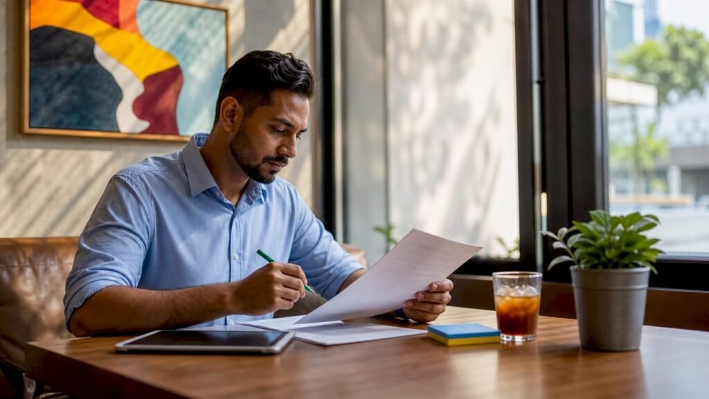 Marketer reviewing printed SEO content sheets