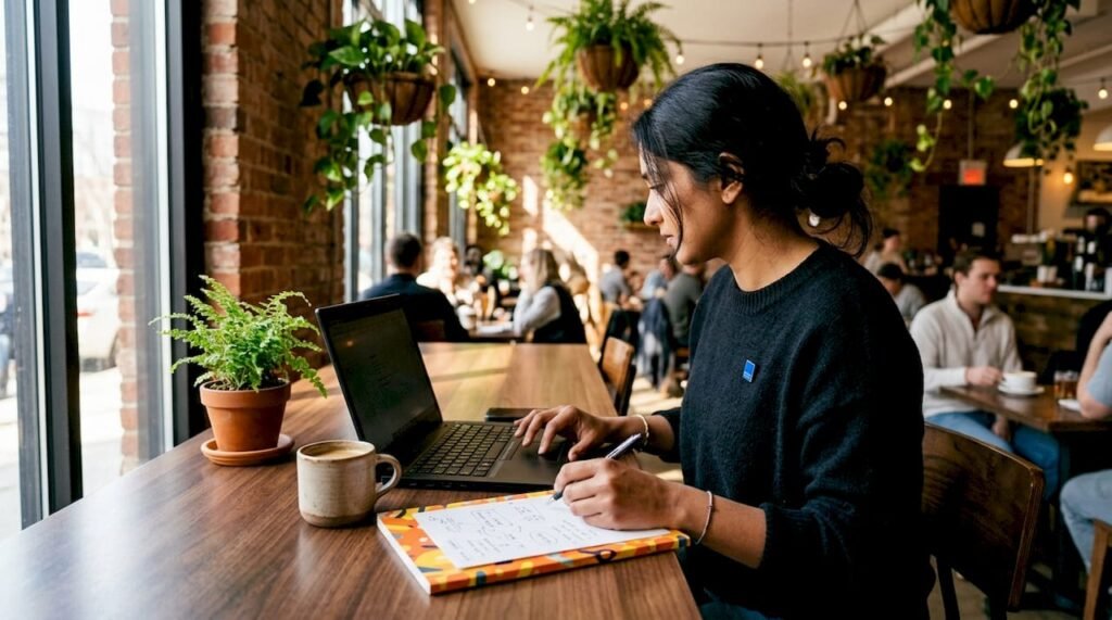 Woman analyzing SEO data at home office desk