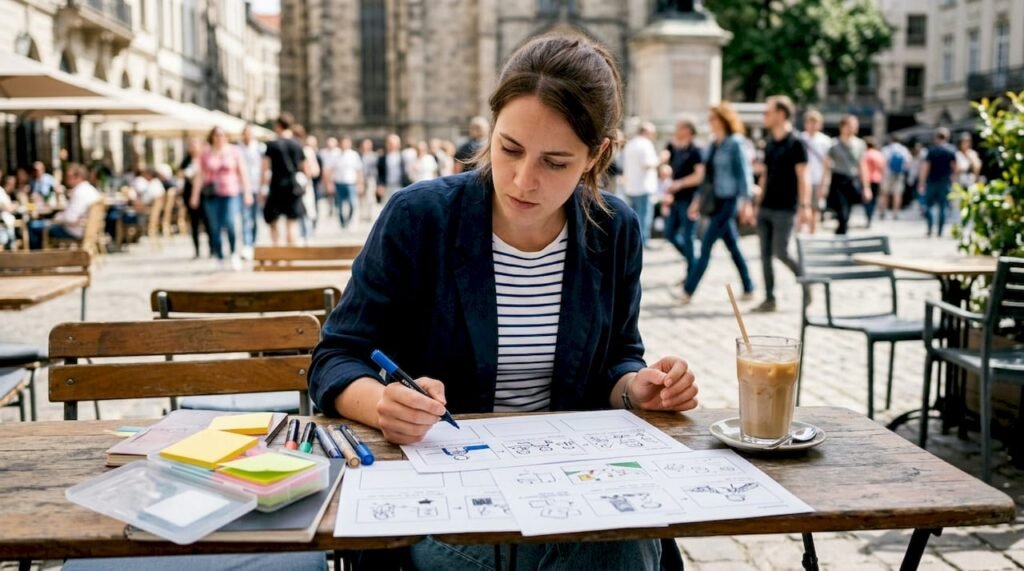 Woman reviewing marketing storyboards in café
