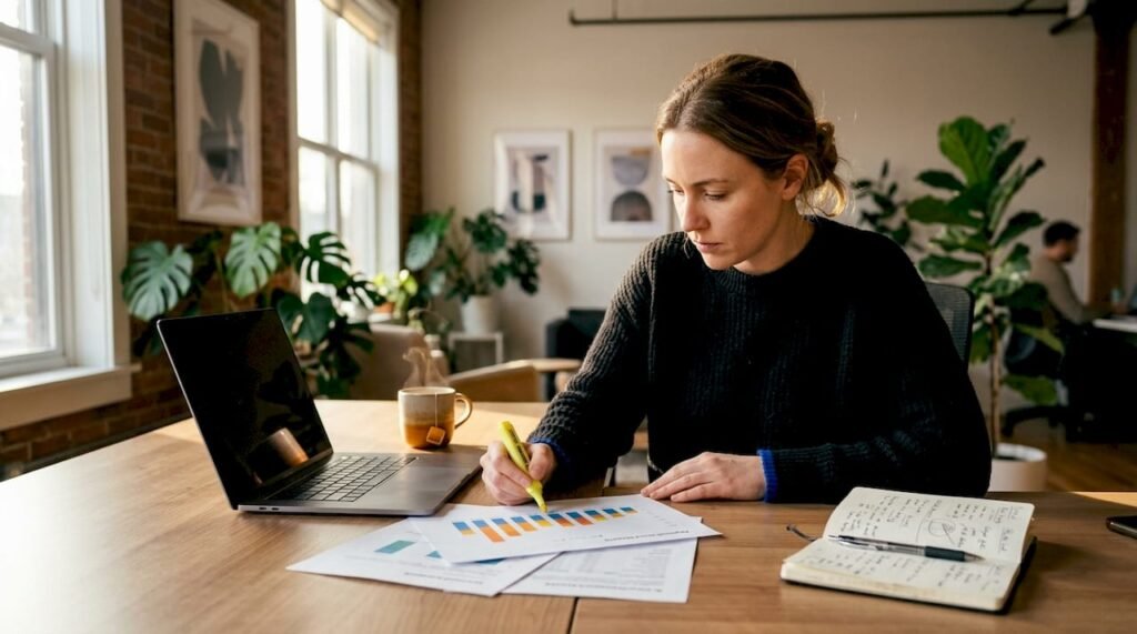 Marketer reviewing seasonal SEO keyword reports