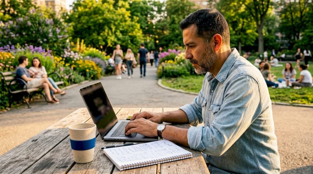 Local business owner working on laptop in café