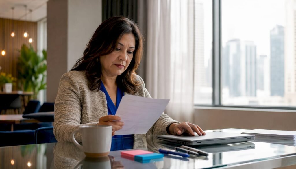 Woman reviewing printed customer reviews at desk