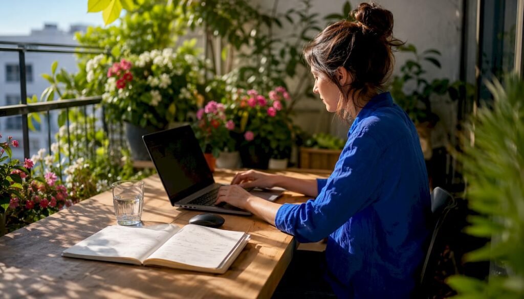 SEO content strategist typing at desk