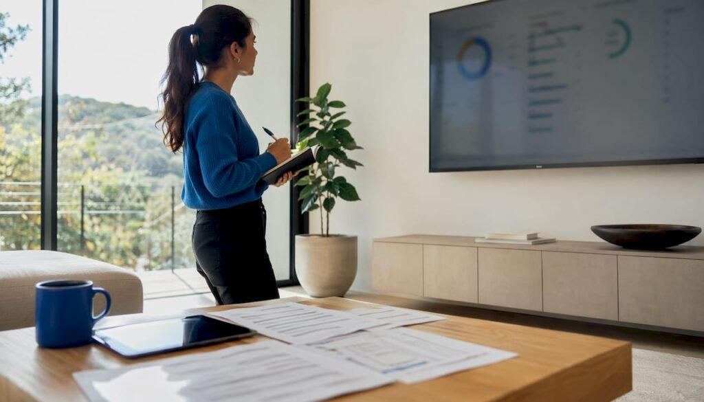 Professional woman analyzing SEO visibility data at desk
