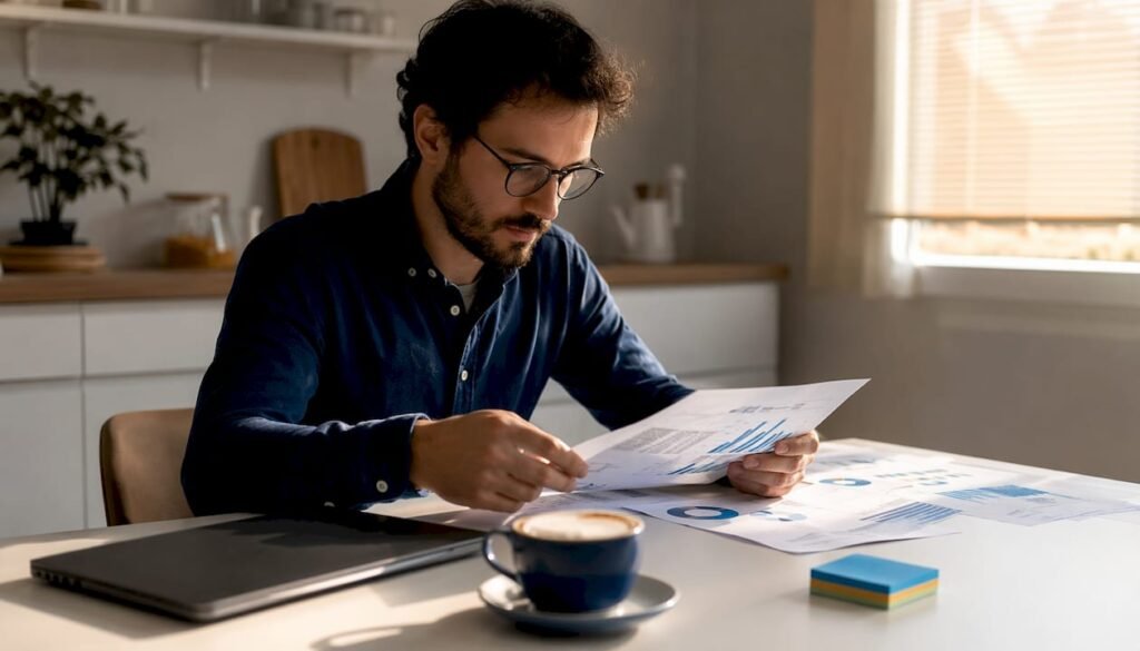 SEO marketer reviewing backlink reports at desk