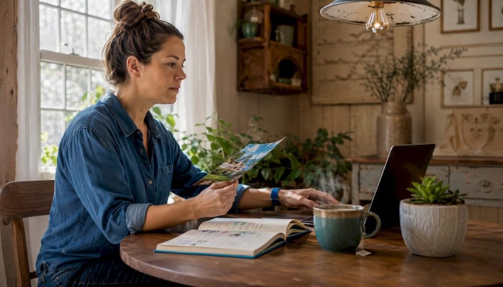 Small business owner updating profile at home table