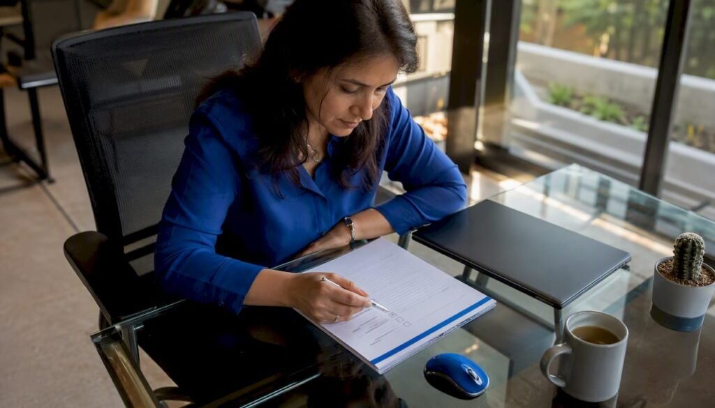 Woman reviewing CRM features documents at desk
