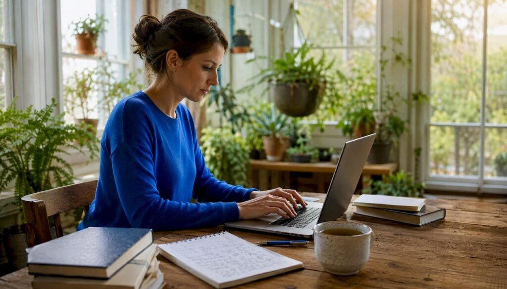 SEO blog writer typing on laptop in home office