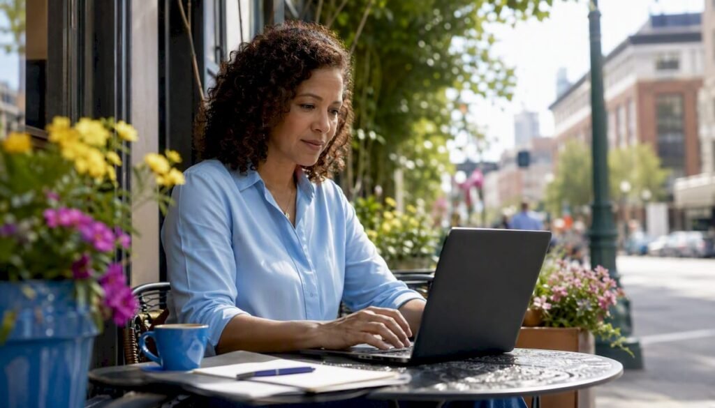 Woman using laptop in café for AI tools research