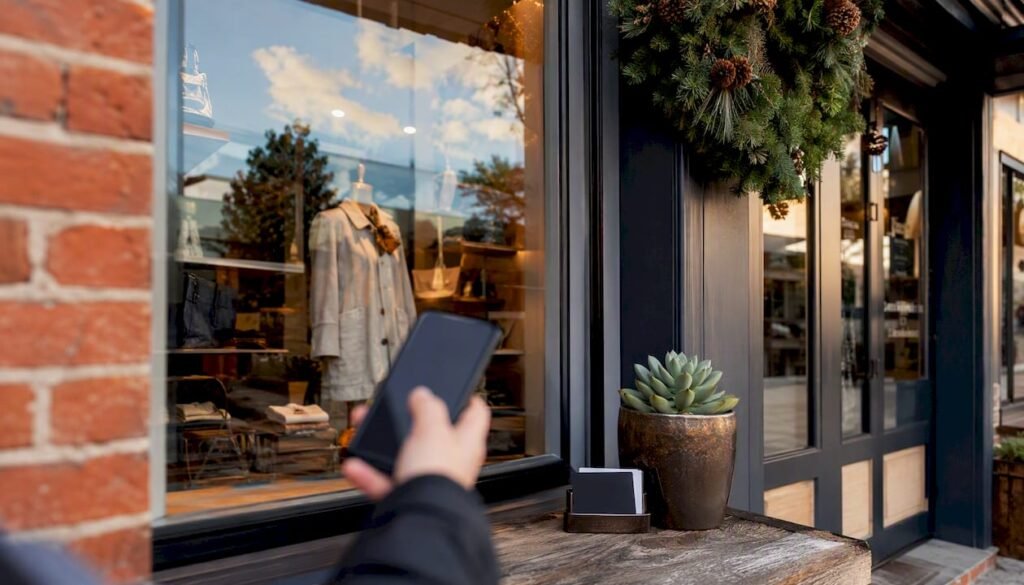 Small business storefront with smartphone nearby