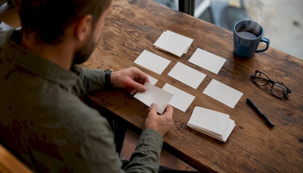Hands arranging index cards for content audit