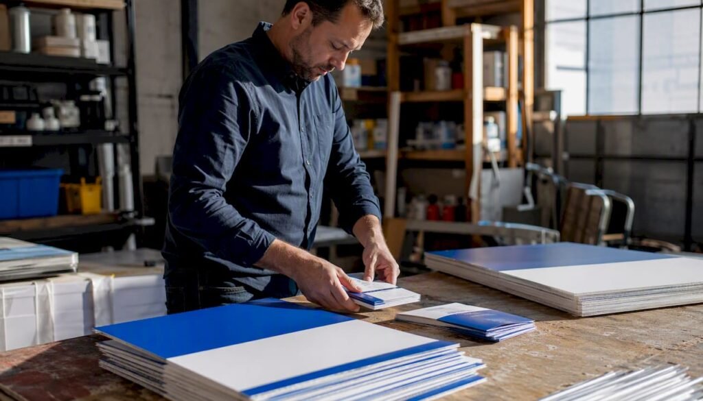 Business owner arranging local marketing materials
