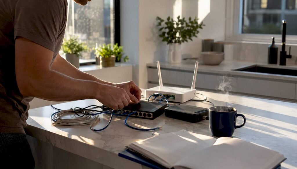 Hands connecting network cables at a desk