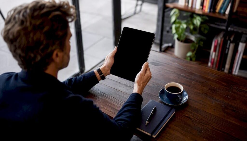 Business owner holding tablet offline in modern office