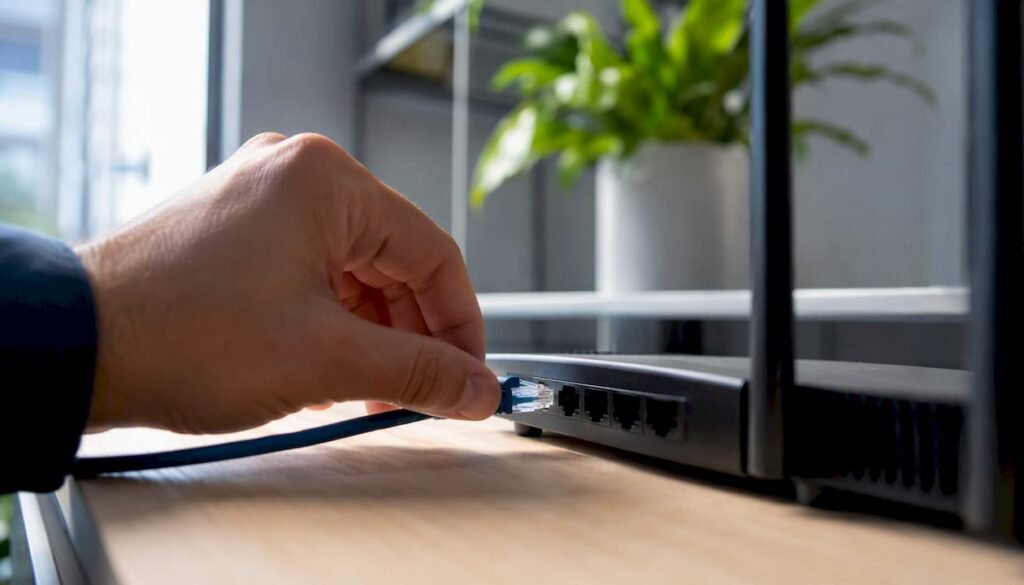 Hand connecting Ethernet cable to network switch