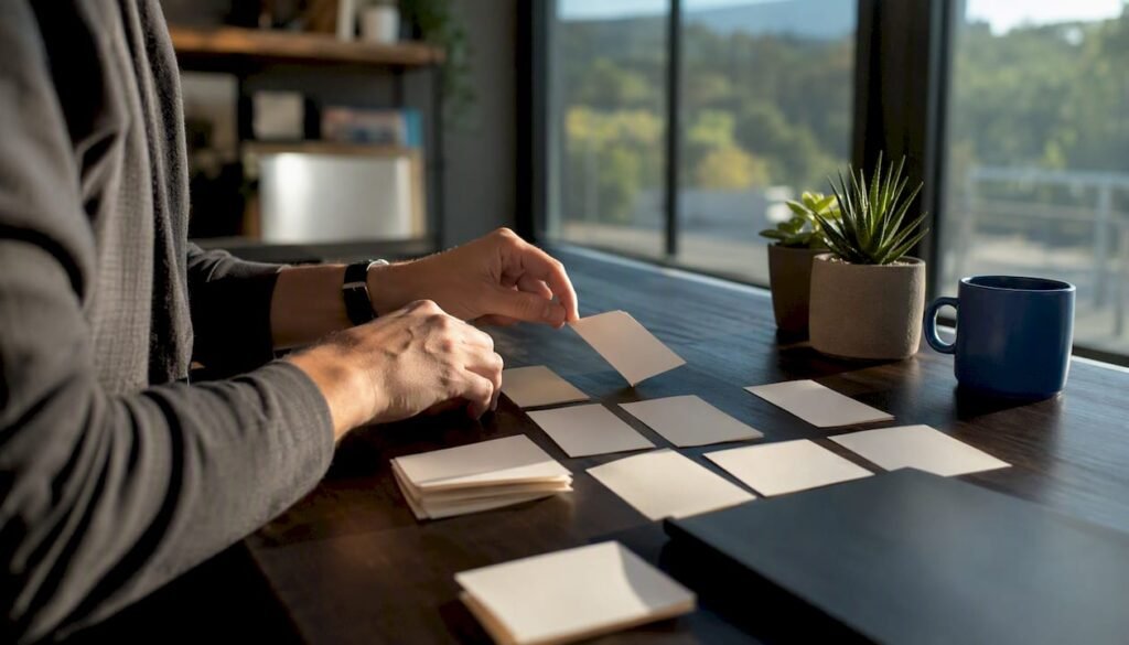Hands arranging testimonial cards on table